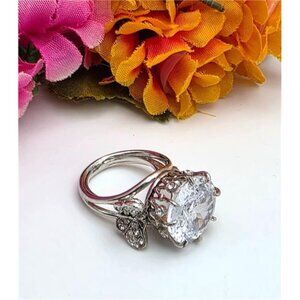 Silver Tone Clear CZ Butterfly Statement Cocktail Ring SZ 7.5 Large Round Center